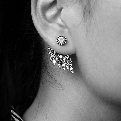 Vintage Gothic Angel Wing Alloy Stud Earrings Cool Black Antique Silver Color Feather Earrings for Women Men Fashion Jewelry