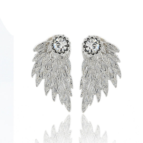 Vintage Gothic Angel Wing Alloy Stud Earrings Cool Black Antique Silver Color Feather Earrings for Women Men Fashion Jewelry