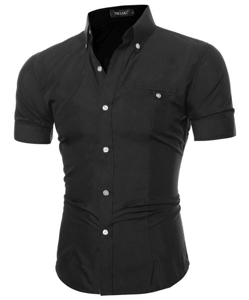 Men Shirt Luxury Brand 2017 Male Short Sleeve Hawaiian Shirts Casual Metal Buckle Hit Color Slim Fit Black Mens Dress Shirts