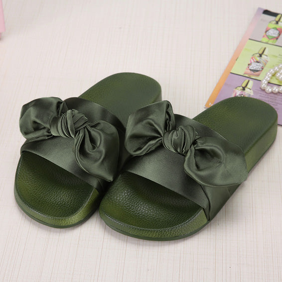 Lotus Jolly Silk Bow Slides Women Summer Beach Shoes Woman No Fur Slippers Flat Heels Flip Flops Ladies Rihanna Bohemia Sandals