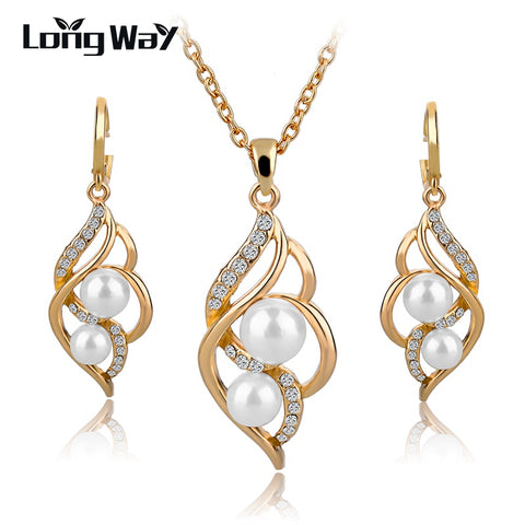 LongWay Gold Color Elegant Inlaid Crystal Jewelry Sets Imitation Pearl Earrings Necklaces Set For Women Wedding SET140024