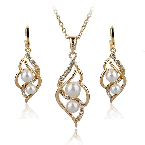 LongWay Gold Color Elegant Inlaid Crystal Jewelry Sets Imitation Pearl Earrings Necklaces Set For Women Wedding SET140024