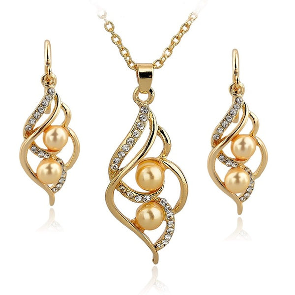LongWay Gold Color Elegant Inlaid Crystal Jewelry Sets Imitation Pearl Earrings Necklaces Set For Women Wedding SET140024