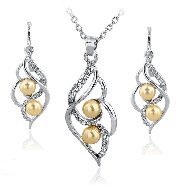 LongWay Gold Color Elegant Inlaid Crystal Jewelry Sets Imitation Pearl Earrings Necklaces Set For Women Wedding SET140024