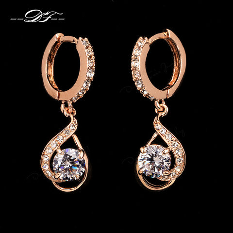 Double Fair Brand Elegant Cubic Zirconia Drop/Dangle Earrings Rose Gold Color Crystal Fashion Retro Jewelry For Women DFE685