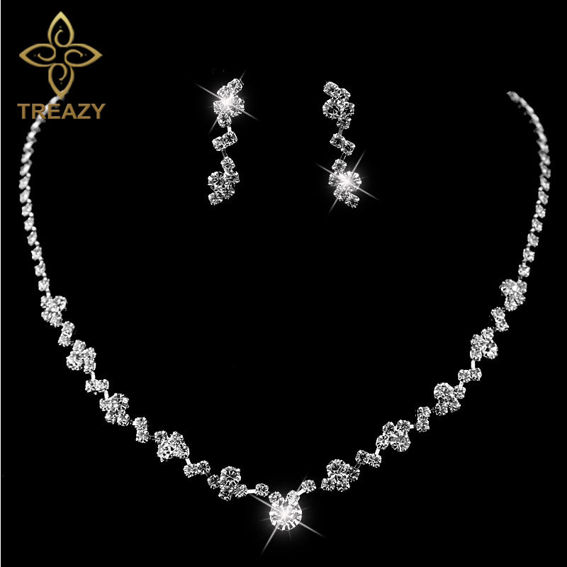 TREAZY New Silver Plated Crystal Choker Necklace Earrings Set Wedding Bridal Bridesmaid African Jewelry Sets