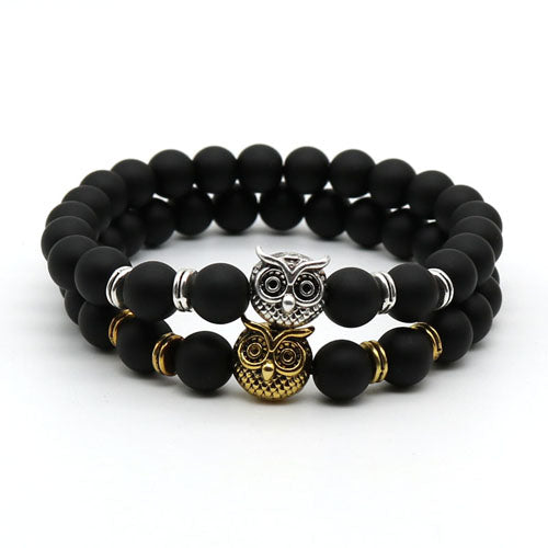 Fashion Antique Silver and Gold Color Animal Owl Head Bracelet Men Beaded black Matte Stone Bracelets Pluseras Women