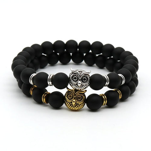 Fashion Antique Silver and Gold Color Animal Owl Head Bracelet Men Beaded black Matte Stone Bracelets Pluseras Women