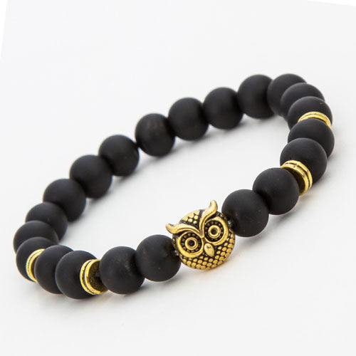 Fashion Antique Silver and Gold Color Animal Owl Head Bracelet Men Beaded black Matte Stone Bracelets Pluseras Women