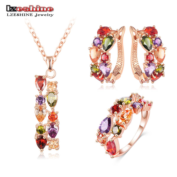 LZESHINE New Top  Rose Gold Color Flower Jewelry Set Multicolor Cubic Zircon Pendant/Earrings/Ring Women Wedding Jewelry Sets