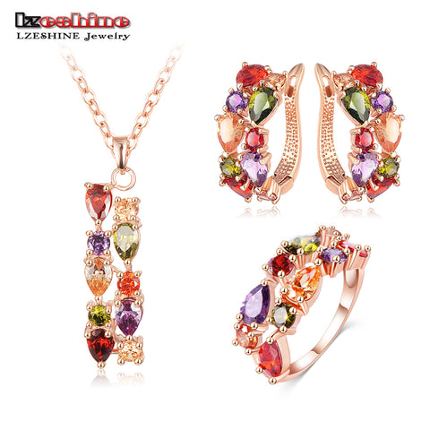 LZESHINE New Top  Rose Gold Color Flower Jewelry Set Multicolor Cubic Zircon Pendant/Earrings/Ring Women Wedding Jewelry Sets