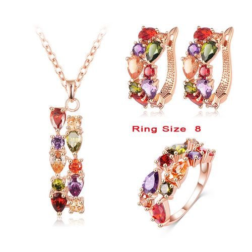 LZESHINE New Top  Rose Gold Color Flower Jewelry Set Multicolor Cubic Zircon Pendant/Earrings/Ring Women Wedding Jewelry Sets