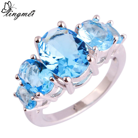 lingmei Wholesale Dazzling Blue CZ Silver Color Ring Size 6 7 8 9 10 11 12 13 For Women Party Fashion Cubic Zirconia Jewelry