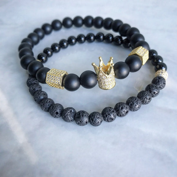 2pcs/set Men Woman Bead Bracelet Crown Charm Bangle Natural  Beads Buddha Bracelet for Women and Mens Pulseras Masculina