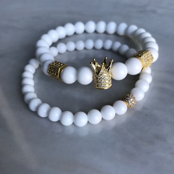 2pcs/set Men Woman Bead Bracelet Crown Charm Bangle Natural  Beads Buddha Bracelet for Women and Mens Pulseras Masculina