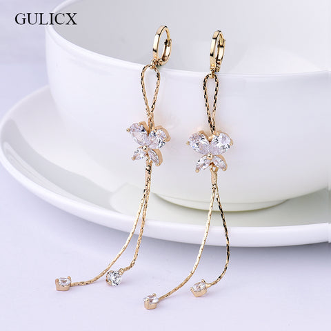 GULICX Fashion Long Tassel Earing for Women Gold-color Earring Crystal Cubic Zircon Dangle Earrings Wedding Jewlery E122