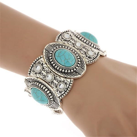 Hot Sale Classical Women's Retro Vintage green Stone Cute Tibet Silver color alloy Bracelet & Bangel Ladies Jewelry Accessories