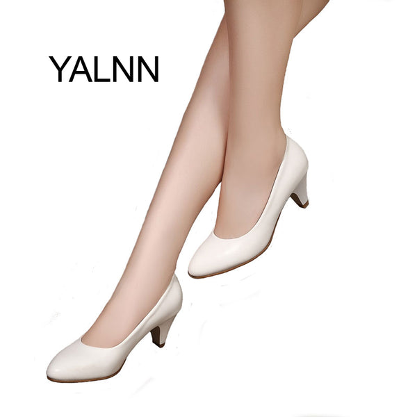 YALNN Women's  Leather Med Heels New High Quality Shoes Classic Black&White Pumps Shoes for Office Ladies Shoes