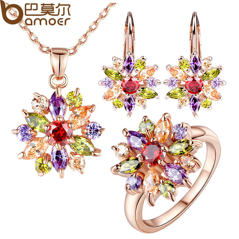 BAMOER  Rose Gold Color Jewelry Sets for Women with High Quality Multicolor AAA Zircon Wedding & Engagement Jewelry