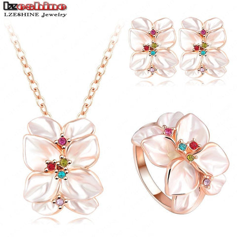 2016 Best Seller Jewelry Set Rose Gold Color Austrian Crystal Enamel Earring/Necklace/Ring Flower Set Choose Size of Ring ST0002