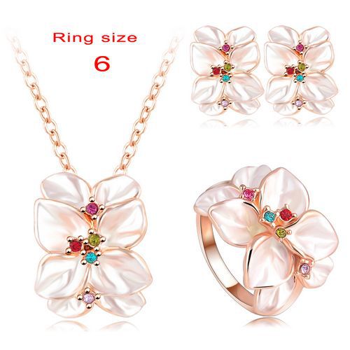 2016 Best Seller Jewelry Set Rose Gold Color Austrian Crystal Enamel Earring/Necklace/Ring Flower Set Choose Size of Ring ST0002