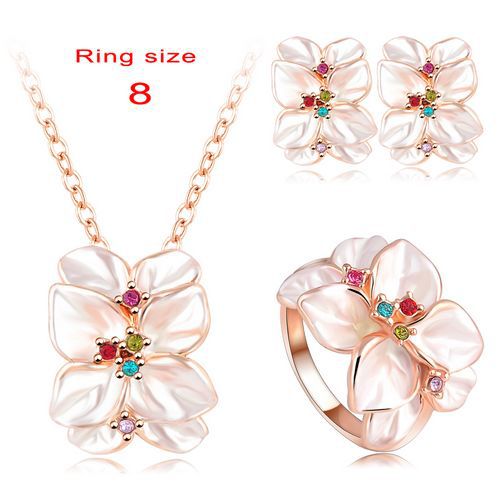 2016 Best Seller Jewelry Set Rose Gold Color Austrian Crystal Enamel Earring/Necklace/Ring Flower Set Choose Size of Ring ST0002