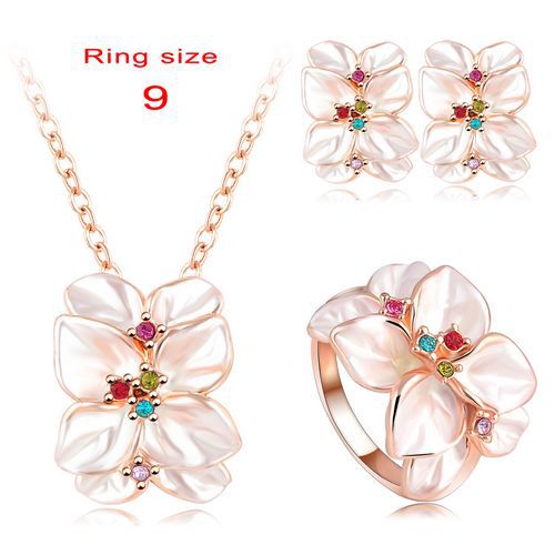 2016 Best Seller Jewelry Set Rose Gold Color Austrian Crystal Enamel Earring/Necklace/Ring Flower Set Choose Size of Ring ST0002