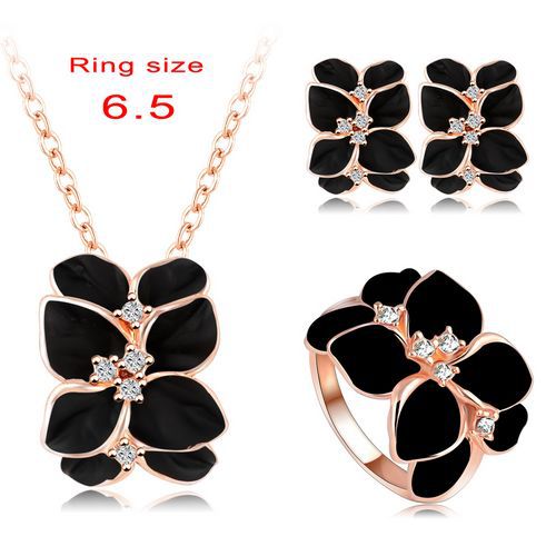 2016 Best Seller Jewelry Set Rose Gold Color Austrian Crystal Enamel Earring/Necklace/Ring Flower Set Choose Size of Ring ST0002