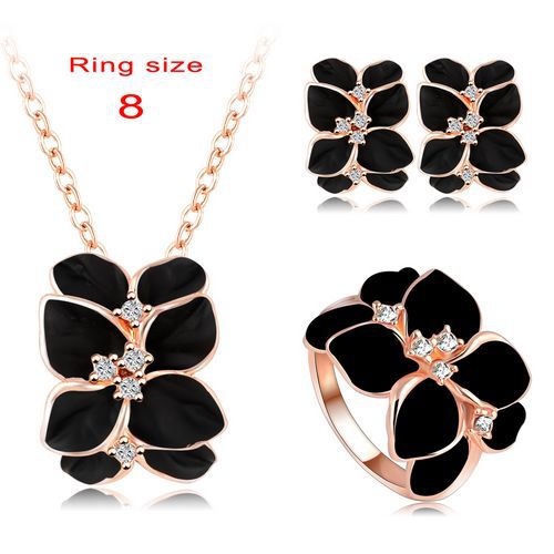 2016 Best Seller Jewelry Set Rose Gold Color Austrian Crystal Enamel Earring/Necklace/Ring Flower Set Choose Size of Ring ST0002