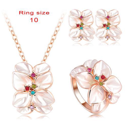 2016 Best Seller Jewelry Set Rose Gold Color Austrian Crystal Enamel Earring/Necklace/Ring Flower Set Choose Size of Ring ST0002