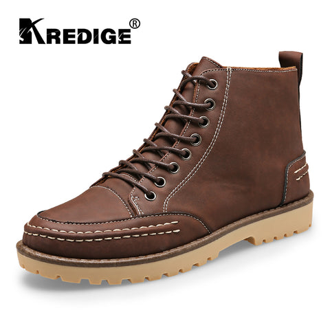 KREDIGE Men Lace-Up Martin Boots Shoes Texture Comfortable Shoes Wear-Resistant Anti-Skid Pure Round Toe Deodorant Leather Shoes