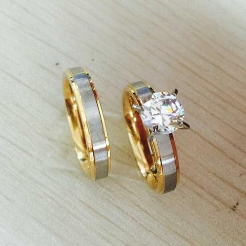 4mm titanium Steel CZ rhinestone Korean Couple Rings Set for Men Women Engagement Lovers,his and hers promise,2 tone gold silver