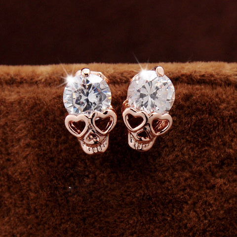 New Fashion Vintage Stud Earrings CZ Crystal  Gold Color Skull Stud Earrings Free Shipping