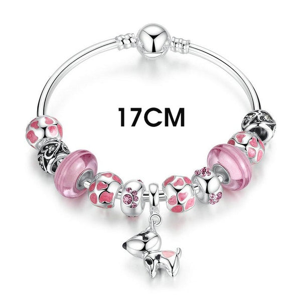 BAMOER 2017 New Arrival Silver Color Lovely Dog Pendant Pink European Glass Beads Charm Bracelets & Bangles Jewelry PA3810