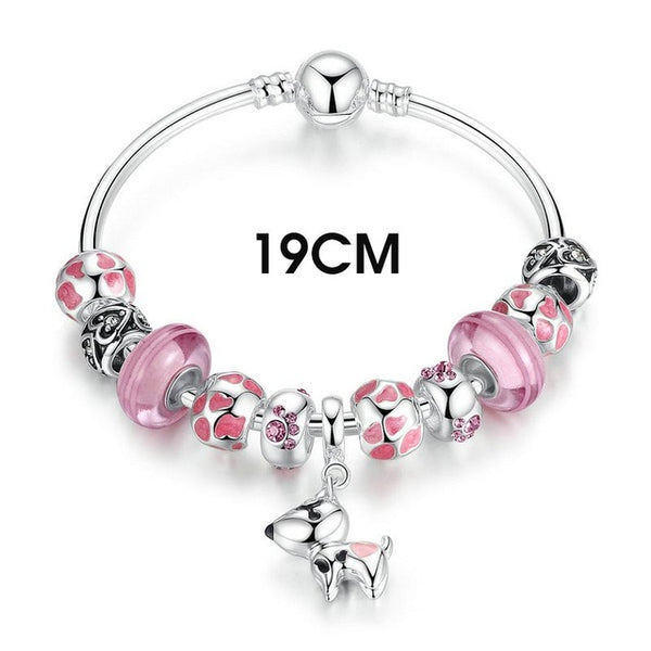 BAMOER 2017 New Arrival Silver Color Lovely Dog Pendant Pink European Glass Beads Charm Bracelets & Bangles Jewelry PA3810