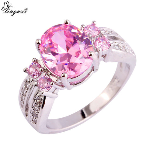 lingmei Nice Fashion Jewelry Pink & White CZ Silver Color Ring Sweet Women Engagement Size 6 7 8 9 10 11 Free Ship Wholesale