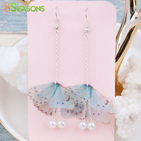 8SEASONS Handmade Organza Ethereal Butterfly Earrings Silver Color Gold Color Green Blue Imitation Pearl Red Glitter Party 1Pair