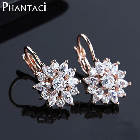 Free Gift Box Luxury Female Zircon Drop Earrings Rose Gold Color CZ Crystal Flower Dangle Earrings For Women Jewelry Wholesale