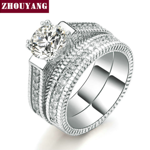 Silver Color Luxury 2 Rounds Bijoux Fashion Wedding Ring Set Cubic Zirconia Jewelry For Women As Chirstmas Gift ZYR606