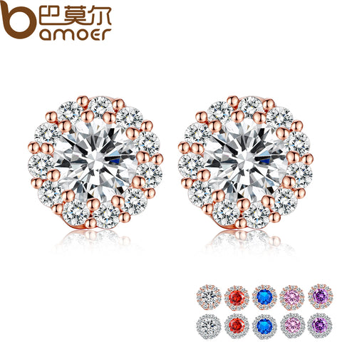 BAMOER 10 Colors Romantic Gold Color Round Stud Earrings with AAA Zircon For Women Jewelry boucle d'oreille JIE054