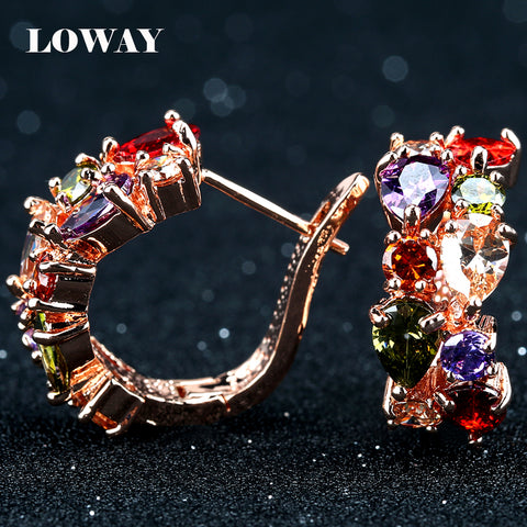 LOWAY Many Colors Flower Cubic Zirconia Gold Color Earrings Women Fashion Jewelry Factory Wholesale Brincos ED2905