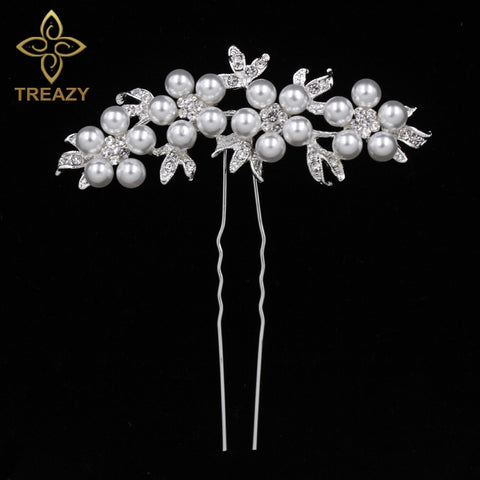 TREAZY Bridal Wedding Crystal Imiated Pearl Flower Hair Pins Elegant Headpiece Bridesmaid Bridal Veil Jewelry Hair Accessories