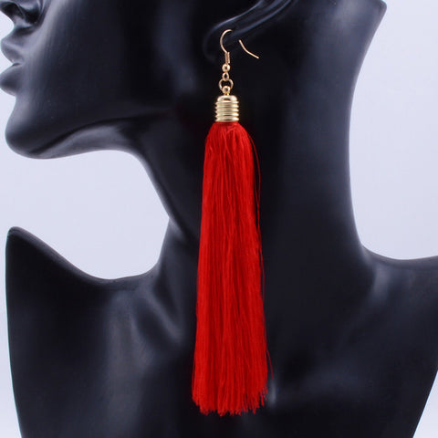 Fashion Fringing jewelry Female Red Tassel Drop Earrings Gold Color Cotton Fringes Long Ethnic Dangle Earrings For Women Brinco