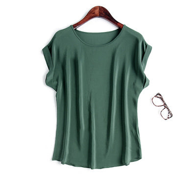 Women Real Silk T Shirt Short Bat sleeved Solid chiffon loose shirt 100% Natural silk Basic Top Plus size 2017 Free ship