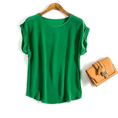 Women Real Silk T Shirt Short Bat sleeved Solid chiffon loose shirt 100% Natural silk Basic Top Plus size 2017 Free ship