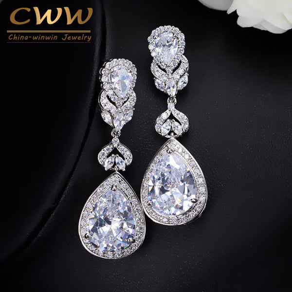 CWWZircons Elegant Water Drop Shaped Cubic Zirconia Crystal Bridal Long Earrings Luxury Wedding Jewerly For Brides CZ166