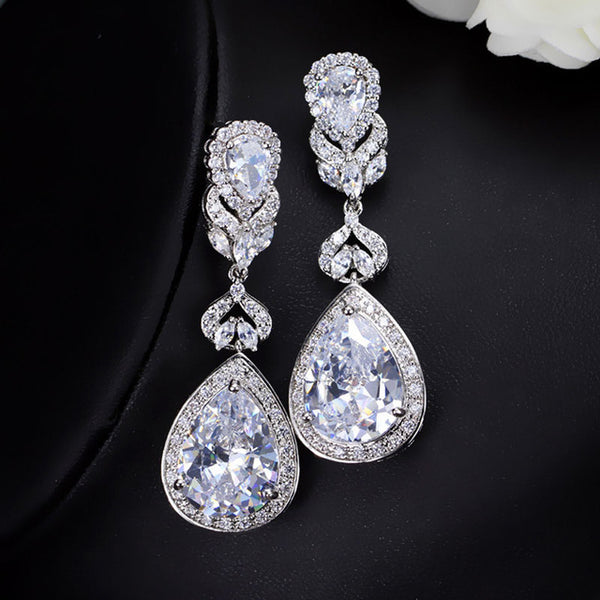 CWWZircons Elegant Water Drop Shaped Cubic Zirconia Crystal Bridal Long Earrings Luxury Wedding Jewerly For Brides CZ166