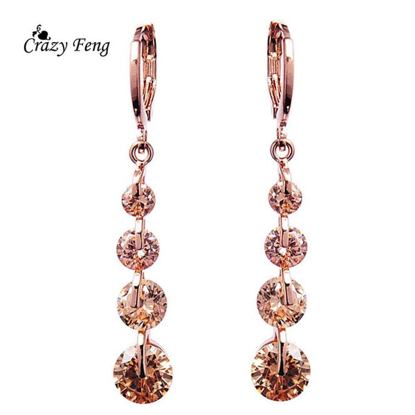 Hot Sale Fashion Jewelry Women Waterdrop Long Earrings Gold Color CZ Crystal Dangle Drop Earrings Free Shipping