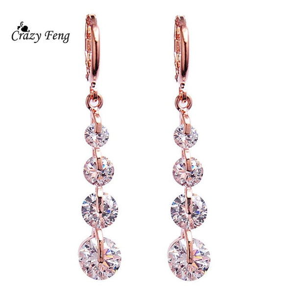 Hot Sale Fashion Jewelry Women Waterdrop Long Earrings Gold Color CZ Crystal Dangle Drop Earrings Free Shipping