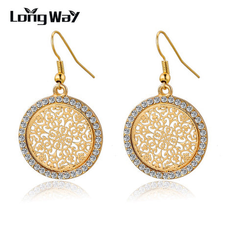 LongWay Vintage Big Round Flower Gold color Silver color Statement Drop Earrings For Women Crystal Wedding Earrings SER140389